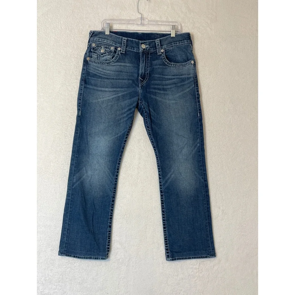 True Religion Straight Flap Jeans Mens 34 Tru Indigo Big T Blue Stretch Denim